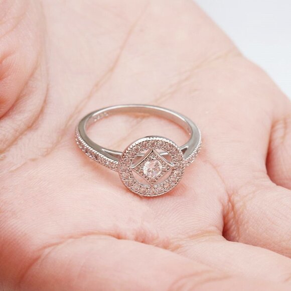 💎 925 Silver Plated Lovely Pave Double Layer Rhombus Ring for Women,VIP088 - Picture 6 of 7